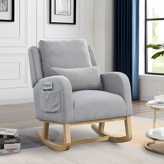 Antetek Rocking Glider Chair for Nursery, Wingback Accent Rocker Chair Upholstered Tall Back Arm Chair w/Side Pockets, Modern Leisure Single Sofa for Living Room, Hotel, Bedroom, Baby Room, Grey
