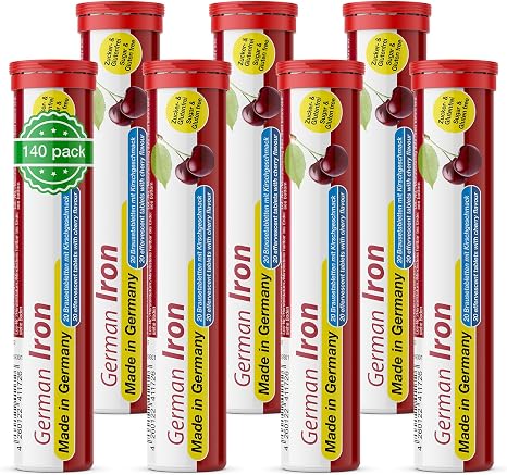 German Iron Effervescent Tablets Pack of 140 Cherry Flavour 14 mg Iron Sugar-Free Vegan T&D Pharma German Iron Made in Germany