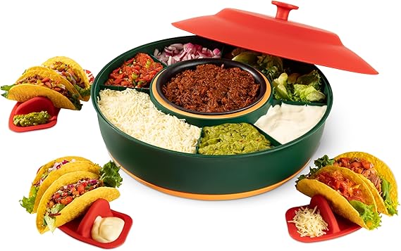 Taco Tuesday Kit - Taco Bar Serving Set for a Party - 30oz Heated Pot, 4 Taco Holders, Detachable Lazy Susan Tray - Taco Night Fiesta Unique Couple & Housewarming Gift Set Ideas