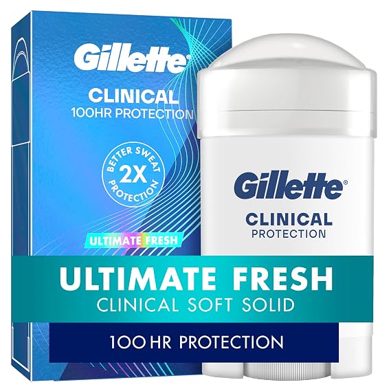 Gillette Clinical Antiperspirant and Deodorant for Men, 100HR Sweat & Odor Protection, Long Lasting Freshness, Anti-White Mark Technology, Soft Solid, Ultimate Fresh Scent, 1.7 oz