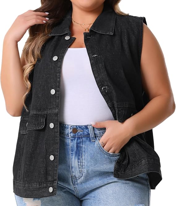 Agnes Orinda Women Plus Size Oversized Button Down Denim Vest