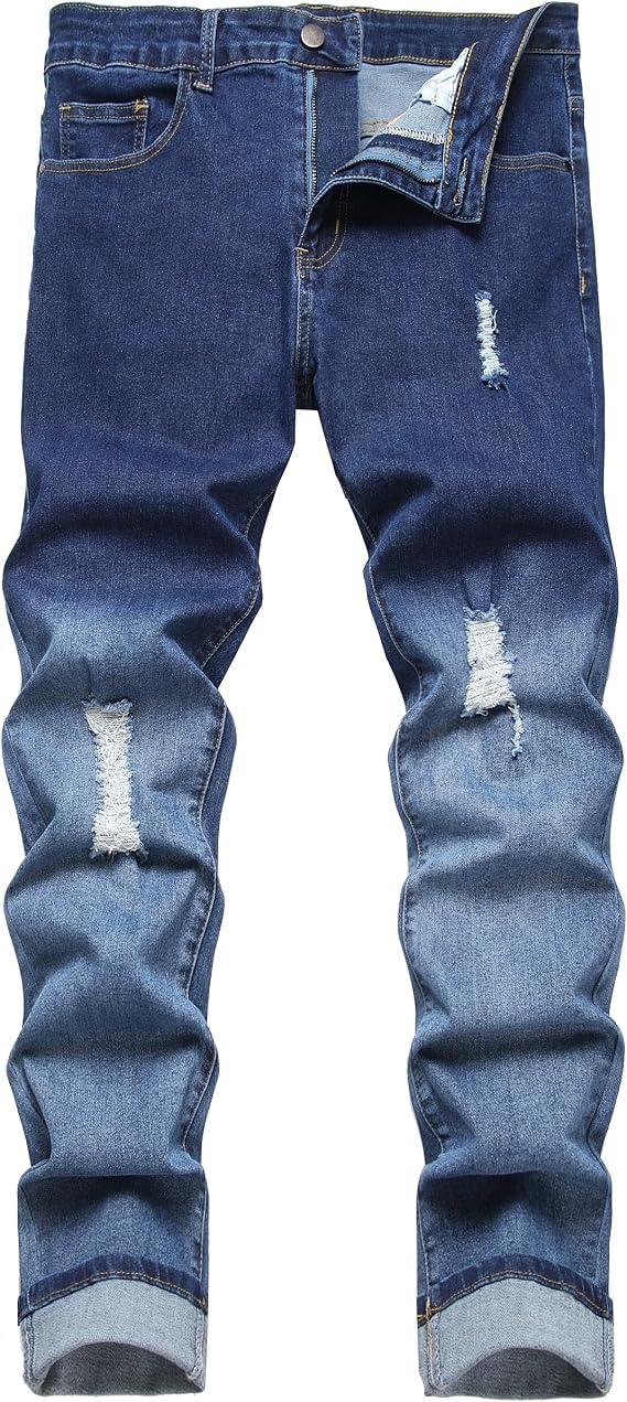 Men's Ripped Straight Leg Jeans, Black, Slim Fit, Regular Length, Distressed Design