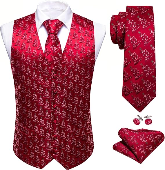 Barry.Wang Mens Red/Green Christmas Suit Vest Tie Holiday Xmas Waistcoat
