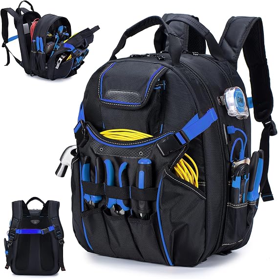 BAGZY Electricians Tool Bag for Men Tool Bags Heavy Duty with Laptop Compartment for 17 inch Waterproof Tools Bag Backpack With USB Port for Industrial Construction Work Storage Organization Blue
