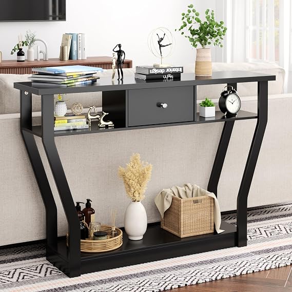 BestComfort 47'' Narrow Console Table with Drawer, 3-Tier Wooden Entryway Accent with Open Shelves, Multi-Purpose Sofa Table for Living Room Hallway - Easy Assembly & Storage (Black)