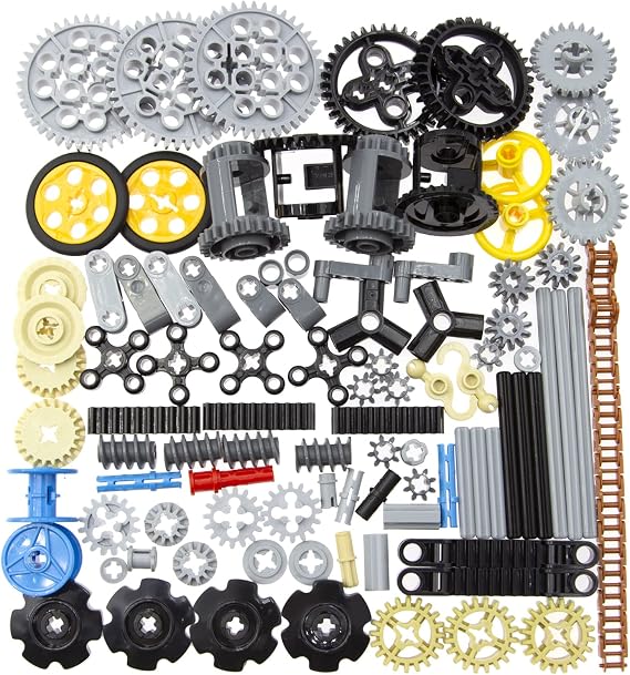 Habow 116pcs Technic Parts - Gears, Axle, Pin, Connector, Wheels, Link Chain, Gear Rack, Steering Wheel, Bush, Hook, Tow Ball, String Reel, Differential. MOC Building Blocks