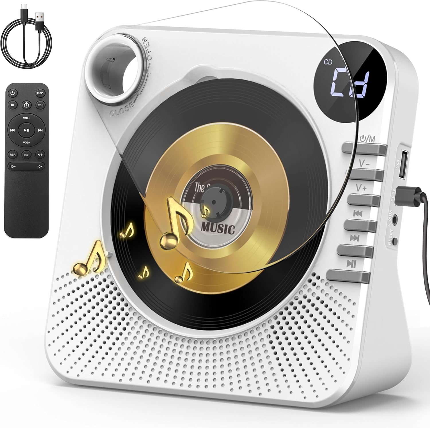 Greadio Portable CD Player with Bluetooth 5.1, CD Players for Home, CD Music Player with Speakers, Remote Control, Dust Cover, LED Display, HiFi Sound, AUXUSB Playback, Earphone Jack White