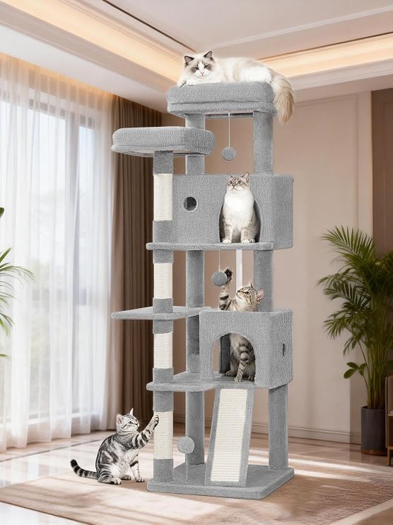 Cat Tree for Indoor Cats, 152 cm Cat Tower, Light Grey | 2 Comfy Condos, Scratching Posts, Scratch Board, 2 Perches, Pompoms, Rest Place, Multi-Level Climbing Frame