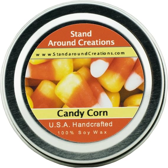 Premium 100% All Natural Soy Wax Aromatherapy Candle - 2oz Tin - Candy Corn: A Warm Vanilla Candy with top Notes of Butter with a Slight Down of Almond.
