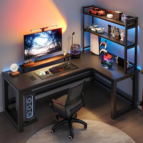 Desk Computer Desk with Rack Gaming Desk 47.2 inches 120 cm Desk L-Shaped Computer Desk PC Desk with Rack Corner Gaming Table Double Computer Desk Desktop Home Desk Bookcase Combination Bedroom Desk
