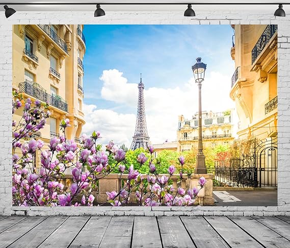 BELECO 7x5ft Fabric Paris Eiffel Tower Backdrop Romantic Paris City View Spring Blooming Flowers Blue Sky White Clouds Photography Background Paris Party Decorations Portrait Photoshoot Studio Props