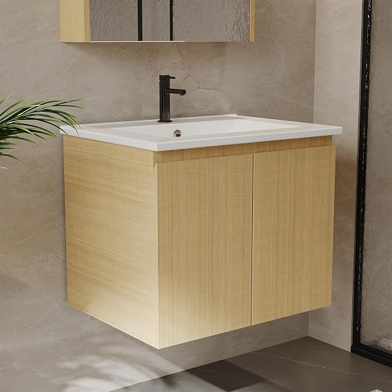 24" Bathroom Sink Unit with Ceramic Basin, 2 Soft Close Drawers, Wall Mounted Bathroom Suite with Vanity Unit