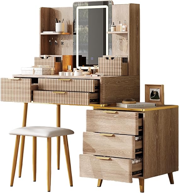 LED Mirror Vanity with 7 Drawers and Stool, Makeup Vanity Desk with 3-Color Lighting, Modern Dressing Table with Jewelry Organizer and Storage Modern Groove Design for Bedroom Natural Oak
