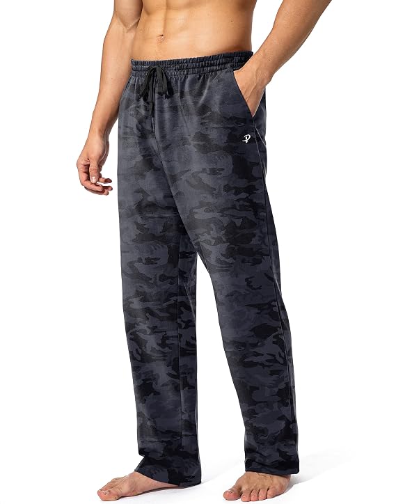 Pudolla Men's Cotton Yoga Sweatpants Athletic Casual Pants with Pockets | Lounge Pants Open Bottom Jersey Pants 4 way stretch soft Elastic Waist with Drawstring