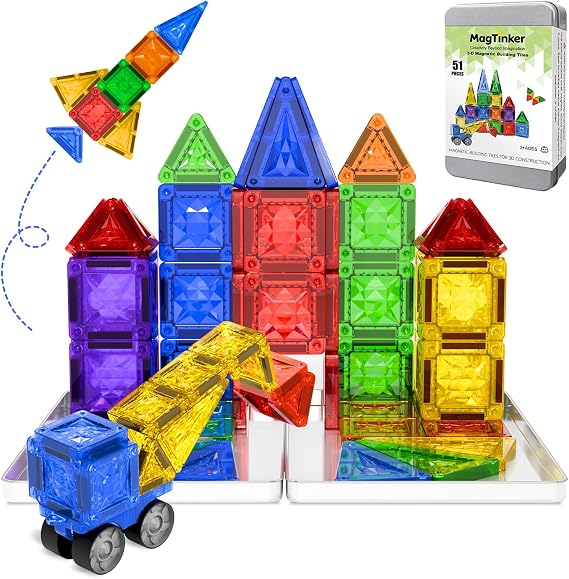 Mini Magnetic Tiles, 51 PCS Travel Magnetic Tiles Set in Iron Box with Magnetic Car - Portable STEM Building Toys, Brand-Compatible, Perfect Educational Gift for Kids Ages 3 4 5 6 7 8 9