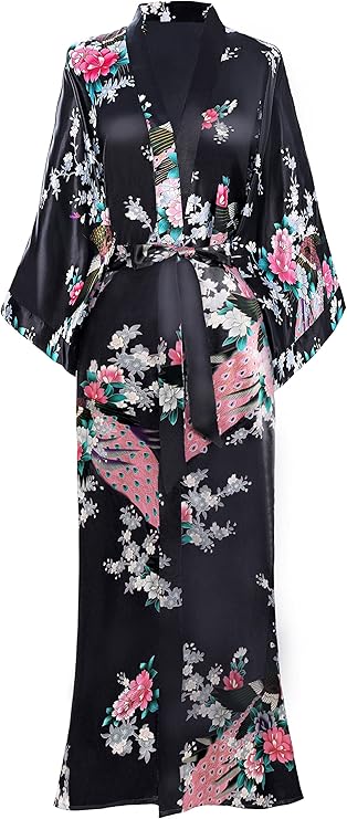 BABEYOND Women's Kimono Robe Long Satin Robes with Peacock and Blossoms Printed Kimono Nightgown
