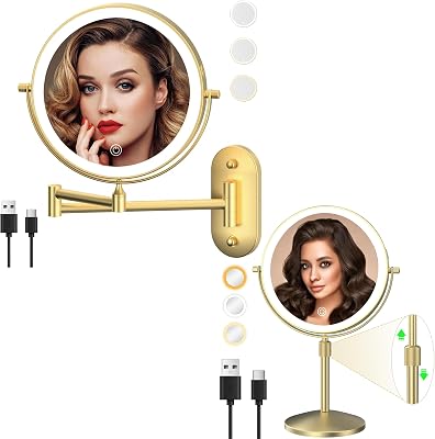 Rechargeable Wall Mounted Lighted Makeup Vanity Mirror 8 Inch Double Sided 1X 10X Magnifying Bathroom Mirror, 3 Color Lighting, Touch Screen Dimming, 360 Rotation Shaving Mirror