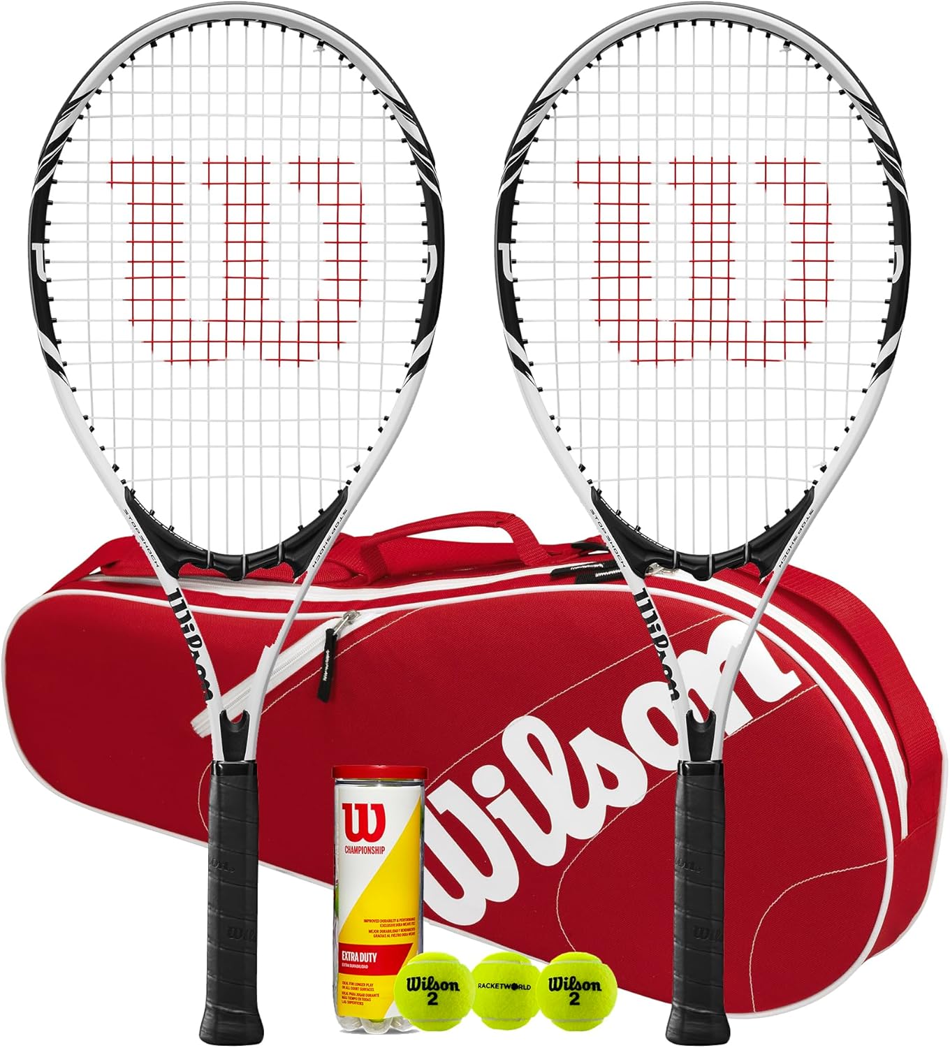 Wilson Federer Adult White Series Tennis Racket with Advantage Bag & Tennis Balls (Various Bundle Options) (with Red Advantage Bag)