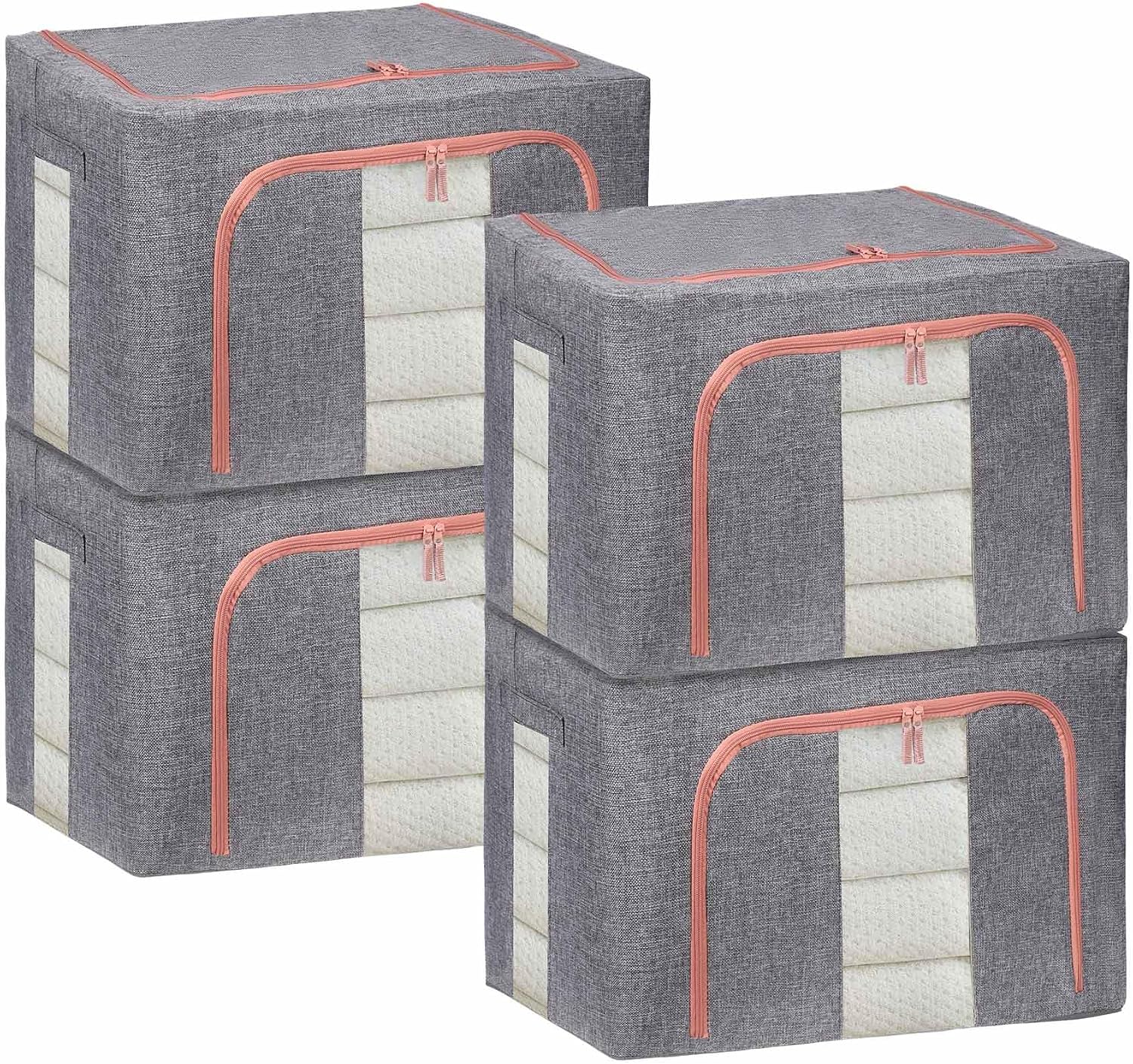 DAWNTREES 4 Pack Clothes Storage Boxes,100L Foldable Steel Frame,Clothing Storage Bins with Lid,Linen Storage Box With Clear Window,Zippers,Durable Handles