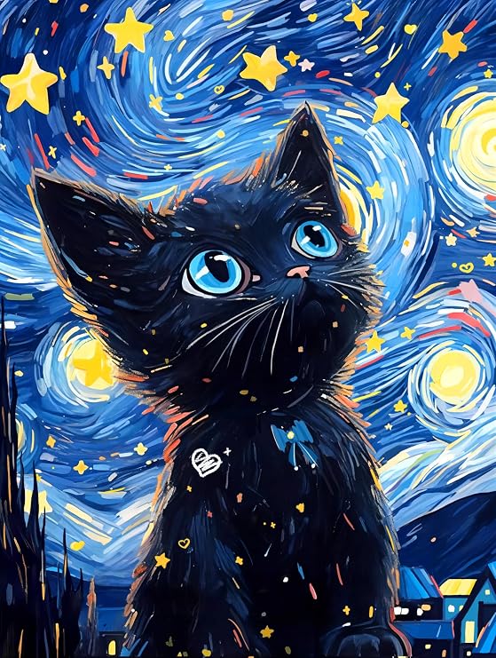 SANYUN Cat Diamond Art Kits for Adults, Starry Night Black Cat