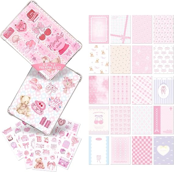 Inserts Cardstock for E-Reader, 20PCS 6.9"x4.8" Insert Cards & 159 Stickers for Clear Case, Aesthetic Kindle Paperwhite Accessories for Women, Pink Kindle Sleeve Decor, Journal & Scrapbook Supplies