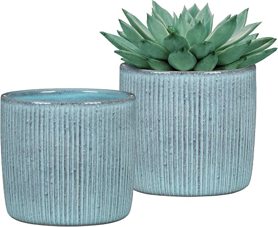 SCHEURICH Set of 2 Solido Linea Lagoon Ceramic Planters 6.9" Decorative Pots for Indoor Plants - Waterproof&UV-Resistant - Elegant Relief Texture - Made in Germany, Modern Home&Office Decor - 0.8 gl
