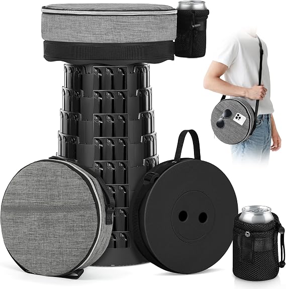 Upgraded Collapsible Stool with Load Capacity 600lbs, Stable Folding Stool with Triple Slide, Portable Camping Chair 3-in-1 Carry Bag, Retractable Telescoping Seat for Travel Hiking(Black)