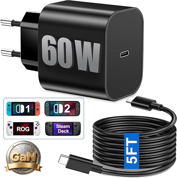 60W Switch 2 Netzteil USB-C Schnellladegerät Ersatz Switch 2 AC Adapter mit GaN Tech für Nintendo/OLED/Lite/Steam Deck/Rog Ally Unterstützt 4K TV-Modus für Tablets/Laptop/Handy und mehr