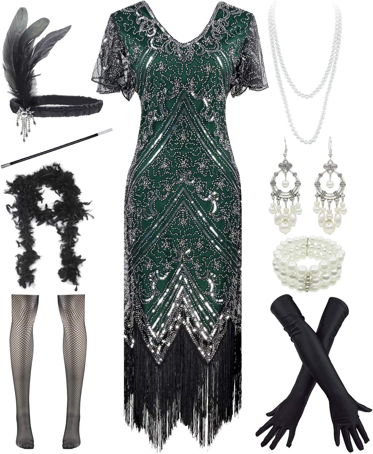 Stone 1920S Mermaid Flapper Gown Party Evening Dress With 20S Accessories Set
