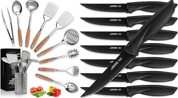 Home Hero 10 Pcs Stainless Steel & Wood Kitchen Utensils Set + 8 Pcs Steak Knives