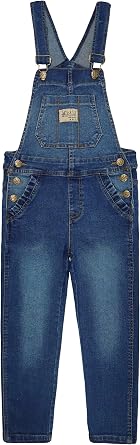 KIDSCOOL SPACE Girls Denim Overalls,Elastic Band Inside Flap Pockets Soft Stretchy Jeans Jumpsuit