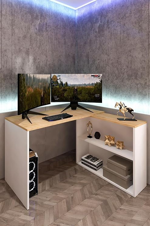 L Çalışma Masası Bilgisayar Masası Dolaplı Kitaplıklı Meşe Beyaz