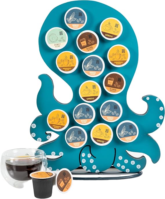 Made Easy Kit Front Facing Countertop Coffee Pods Holder - Compatible with K-Cups Practical meets Whimsical - Coffee Bar Decor for Home Cafe Kitchen Nook (Blue Octopus)
