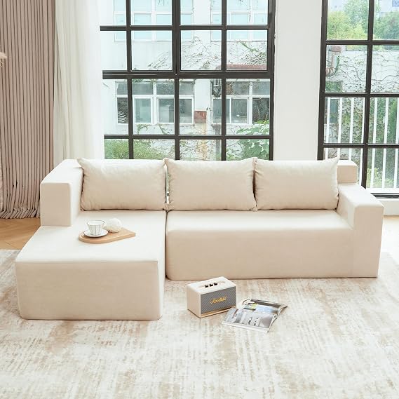 Convertible Modular Sectional Sofa, L Shaped Deep Seat Sofa, Modern Comfy Cloud Couch with 3 Pillows, No Assembly Required Sofa Couch for Living Room Apartment (Beige Left Chaise)