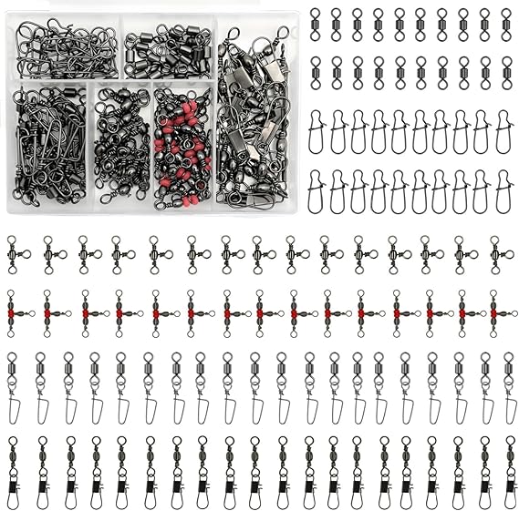 110Pcs Strong Fishing Swivels & Snaps Kit with 6 Connector Types | Includes Rolling Barrel Swivels, 3-Ways Line Connector, Snaps Clips for Quick Lure Changes, Line-Twist Control