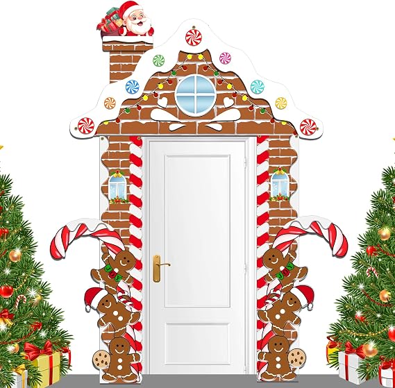 3Pcs Christmas Gingerbread Door Cover Decorations,Merry Christmas House Candy Hanging Banner Porch Sign Door Covers for Classroom, Home, Party, Outdoor Holiday Decor