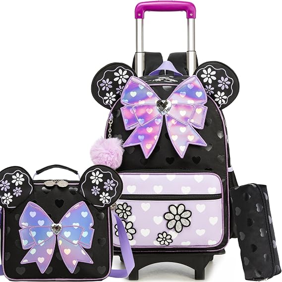 Girls Rolling Backpack with Wheels,Belt Bow Kids Wheeled School Bag Set with Lunch Box & Pencil Case,Elementary Trolley Bookbag