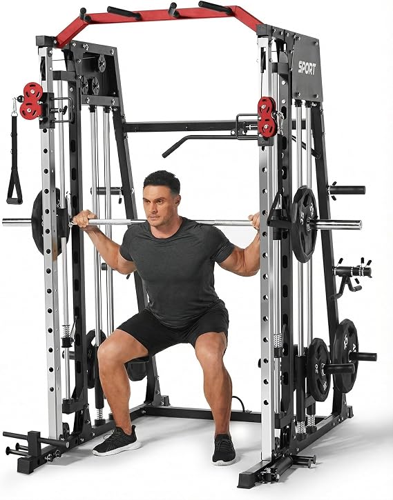 All in One Smith Machine Home Gym, 2200lbs Squat Rack with LAT-Pull Down System & Cable Crossover Machine, Training Equipment with Leg Press Attachment