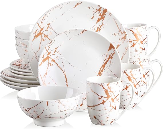 LOVECASA White Dinnerware Sets for 4, 16 Piece Porcelain Dish Set Plates and Bowls Sets, Gold Splash Glaze Ceramic Dinner Set with Mugs, Dishwasher Microwave Safe
