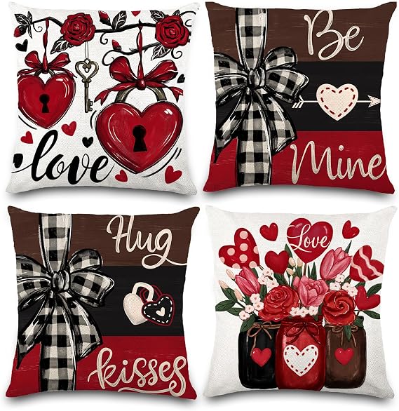 YUJUN 4 Pack Valentine's Day Pillow Covers Decoration,18x18in Buffalo Plaid Farmhouse Red Love Locks Heart Valentine Throw Pillows Cushion Case Couch Decor for Valentine's Day Home Outdoor Decor