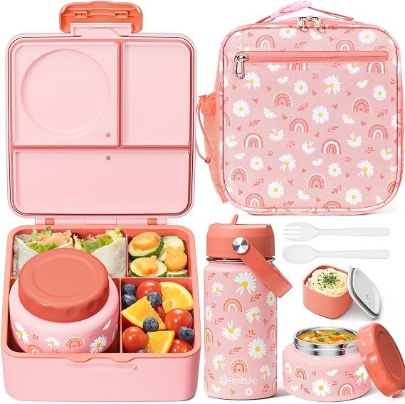 Fimibuke Bento Box for Kids Adult - Leakproof 3-4 Compartments Lunch Bento Box Set with Insulated Food Jar, Water Bottle, Lunch Bag, Sauce Cup & Cutlery for Toddler Teen Shcool Girl Boy Age 3+