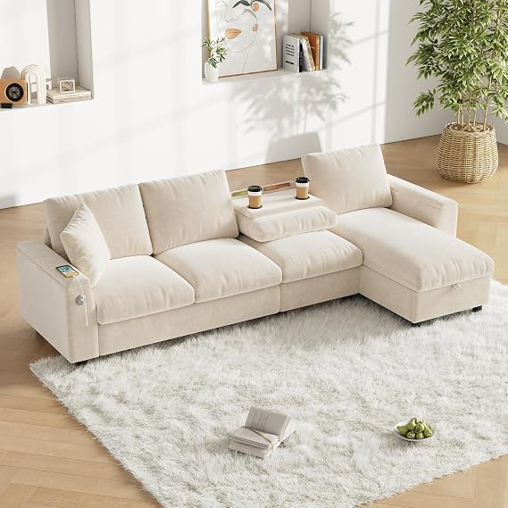 Chenille Fabric Sofa L Shaped Corner and Two Armrests with Storage SpaceFold-Out Coffee Table with Two Cup Holders (Beige)