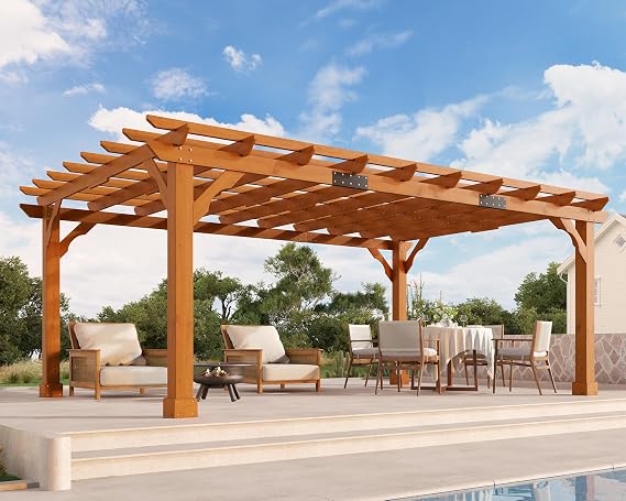 Jocisland 12x20 FT Premium Cedar Wood Pergola with Trellis Roof & Stakes