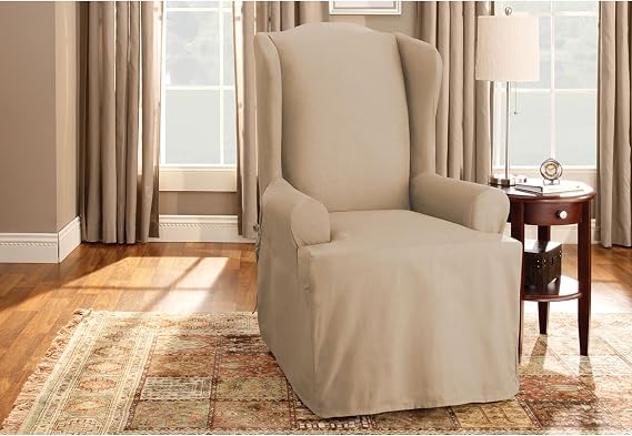 Surefit Cotton Duck Wingback Chair One Piece Slipcover, Chair Cover, Relaxed Woven Fit, 100% Cotton, Machine Washable, Tan