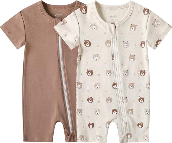 Owlivia Baby Short Sleeve Summer Romper Set, 2 Pack Tank Jumpsuit for Girls and Boys, Cartoon One Piece Coverall Outfit