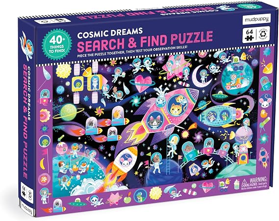 Mudpuppy Cosmic Dreams 64 Piece Search & Find Jigsaw Puzzle Featuring Cats in A Whimsical Outer Space Wonderland and Over 40 Hidden Images to Find