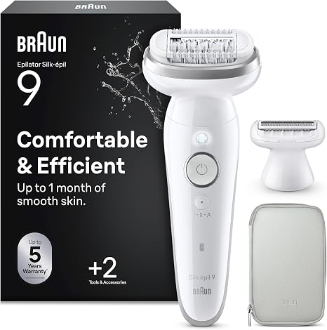 Braun Silk·épil 9 Women's Epilator Ladyshaver Waterproof 9-041 Silver With swivel head for easy hair removal long-lasting smooth skin includes shaving attachment and trimmer attachment