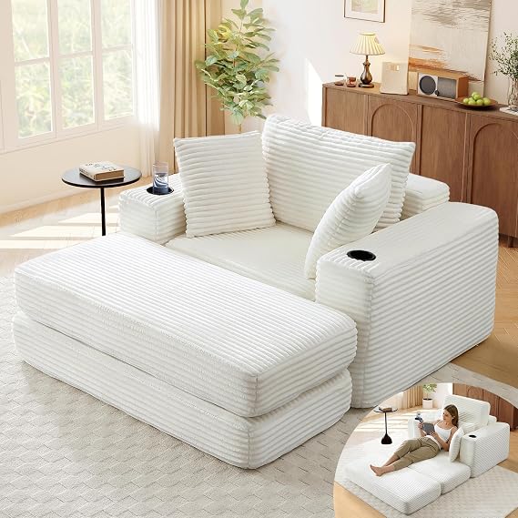 Antetek Boneless Corduroy Chaise Lounge Chair Indoor, 52-inch 4-in-1 Folding Convertible Sofa Bed w/Cup Holders, Modern Cozy Reading Accent Chair for Living Room, No Assembly, Beige
