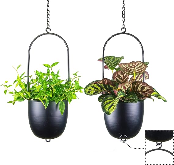 Metal Hanging Planters Set of 2 with 6 Inch Oval Pots - Stackable and Connectable Plant Hangers - Black Modular Wall and Ceiling Mount Holders for Indoor and Houseplants