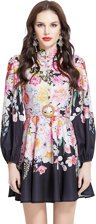 LAI MENG FIVE CATS Women's Lantern Sleeve Floral Print Button up Casual A-line Mini Dress